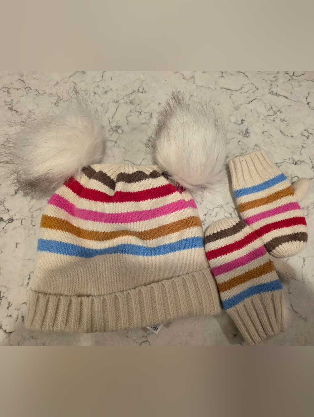 Baby GAP Striped Pom-Pom Beanie & Mittens Cream, Pink, Blue, Brown 12-24 Months